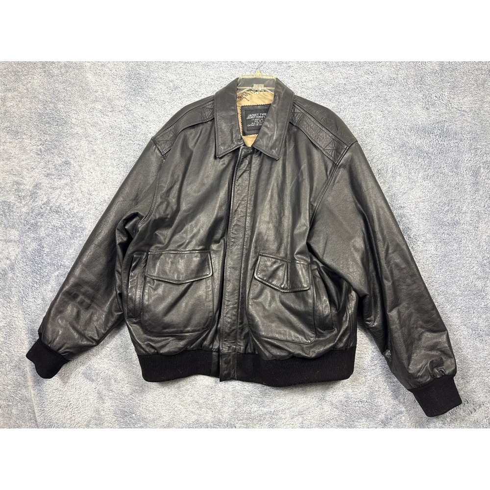 US Army Air Force Mens 2XL Black Leather A-2 Flight Jacket Flyer Bomber Map